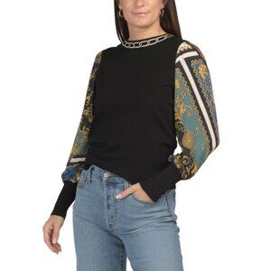 RIO & RIAN Black Crew Neck Pullover Sweater With Long Mixed Media Sleeves